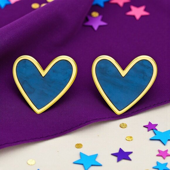🆕 Royal Blue Enamel Heart Stud Earrings Gold Tone Statement Cute Gift Teen Girl - Picture 12 of 12